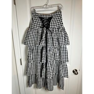 Thorn & Fable Black White Gingham Tiered Ruffle‎ Midi Skirt Women's Small
